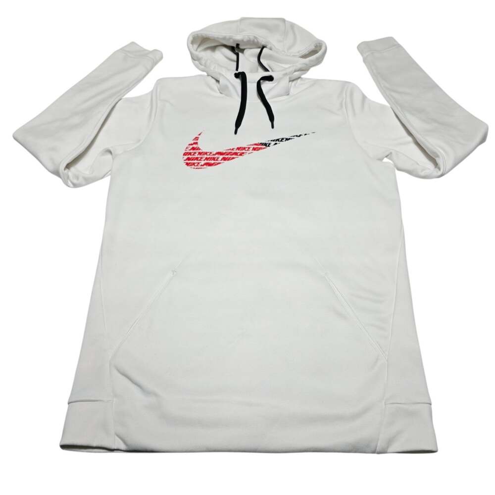 Men’s Nike Therma Fleece White Hoodie Sweatshirt Red Swoosh BV2784-100 Medium